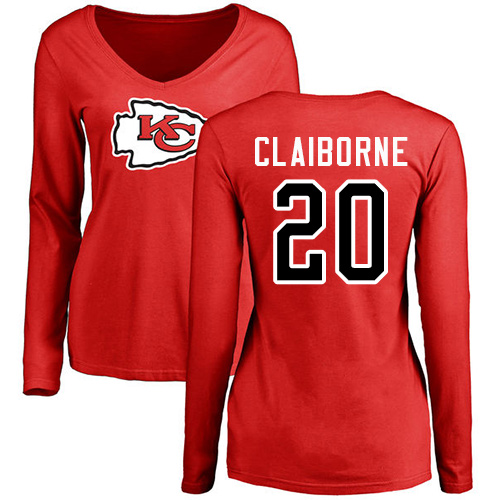 Women Football Kansas City Chiefs #20 Claiborne Morris Red Name and Number Logo Slim Fit Long Sleeve T-Shirt->kansas city chiefs->NFL Jersey